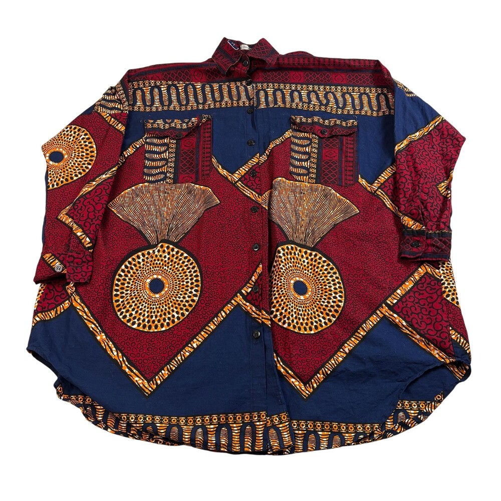 Grass Fields Shirt Womens 10 Red Navy African Tribal Long Sleeve Artsy Lagenlook